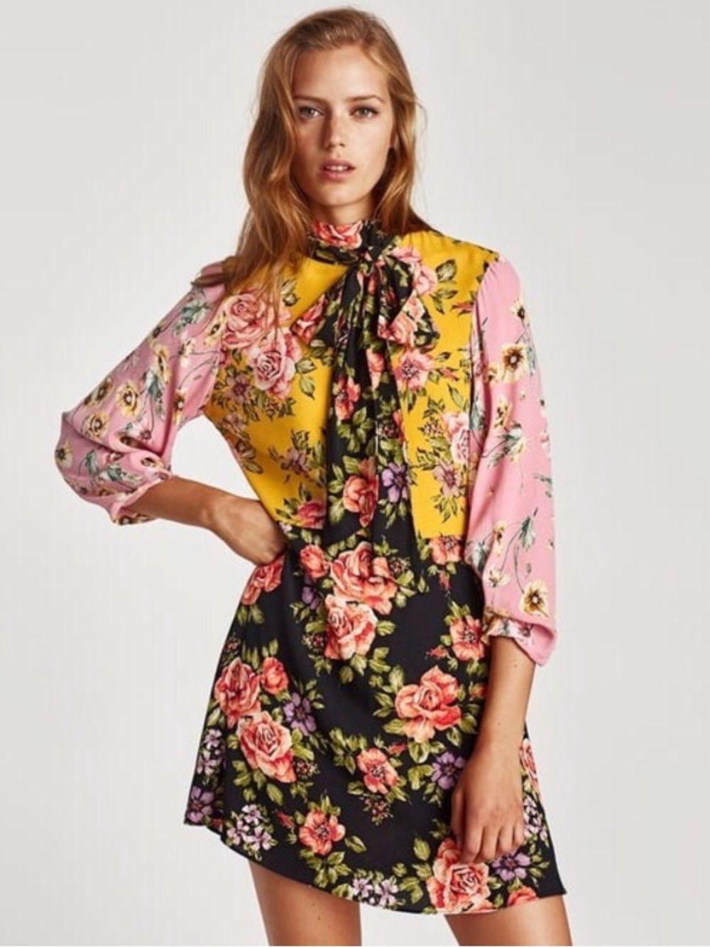 Zara Pink Yellow Black Floral Long Sleeve Dress